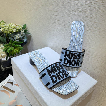 Dway Heeled Slide 35 Embroidered Cotton Cloud Blue Miss CD Alllover Motif