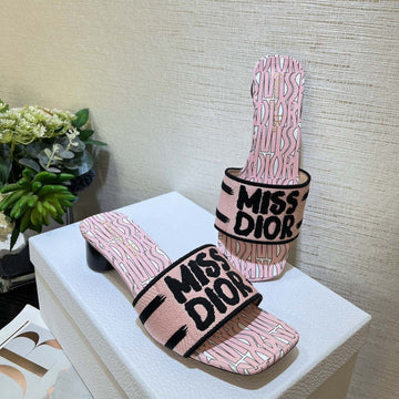 Dway Heeled Slide 35 Embroidered Cotton Pink Miss CD Alllover Motif