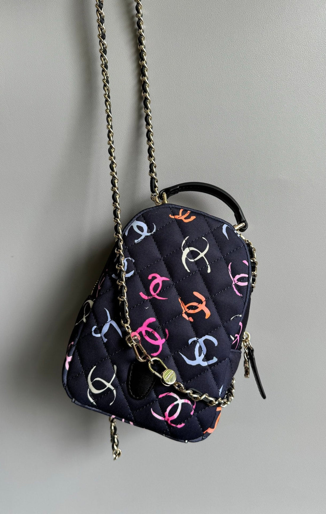 CC Backpack 18CM Black & Many Other Colors Printed Fabric Gold Hardware