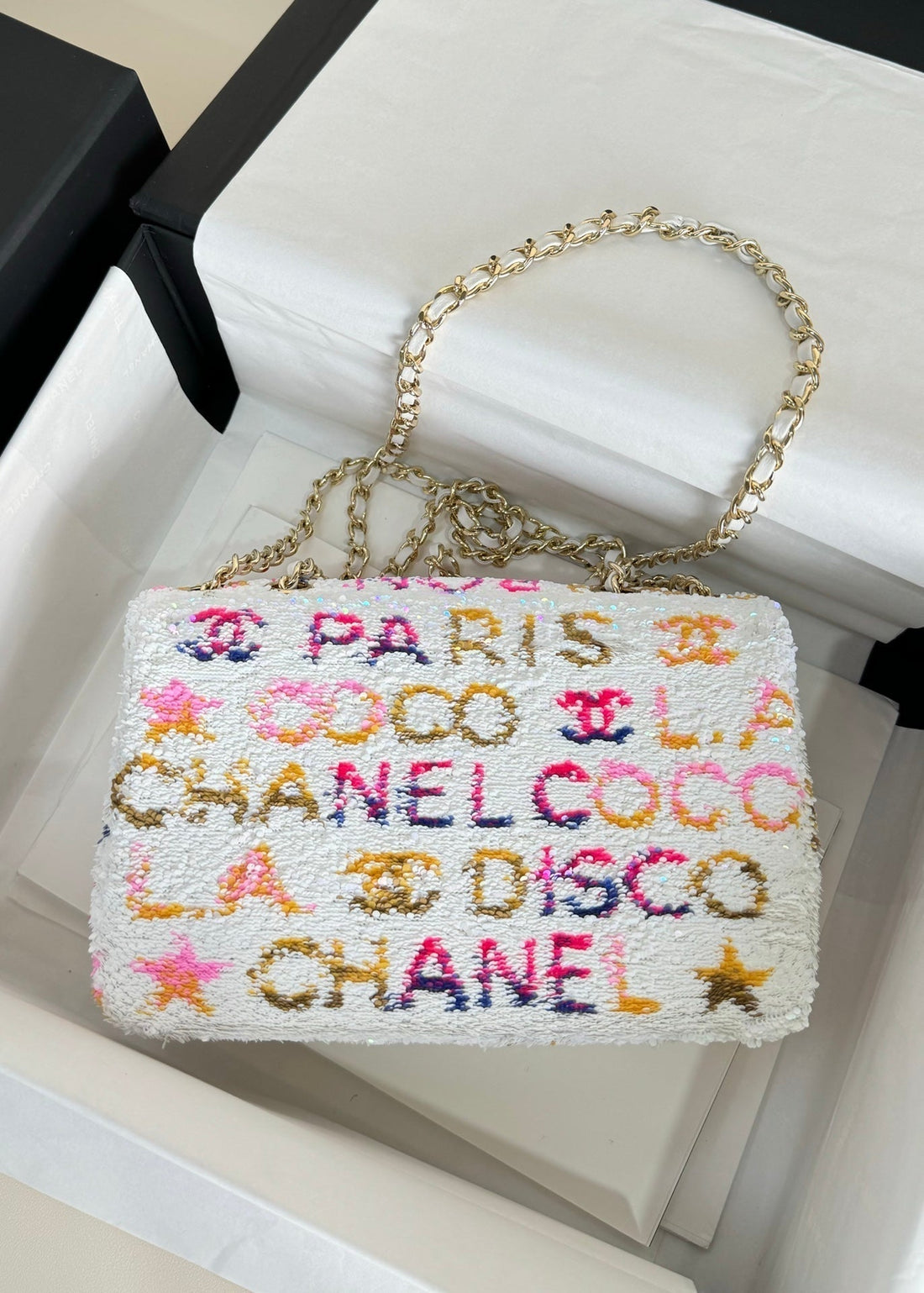 Flap Bag 20 Colorful Saquins In White Calfskin Gold Hardware