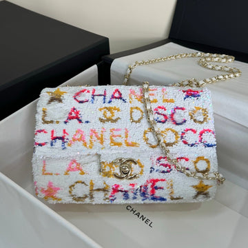 Flap Bag 20 Colorful Saquins In White Calfskin Gold Hardware