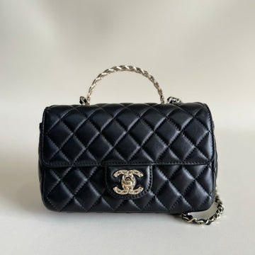 24A Mini Flap Bag Top Handle 20CM Black Lambskin Silver Hardware