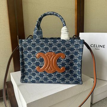 Small Cabas Thais 25 In Bayoux Blue Triomphe Denim And Bronze Brown Calfskin