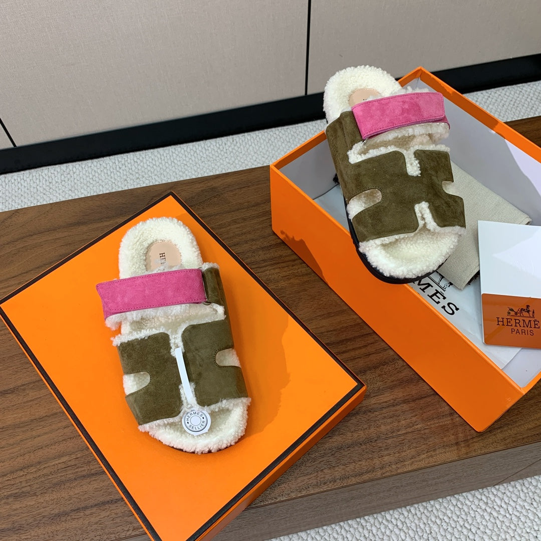 Hm Chypre Sandal In Army Green Mix Pink Fleece And Suede 984192