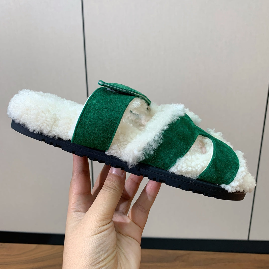 Hm Chypre Sandal In Dark Green Mix White Fleece And Suede 984195