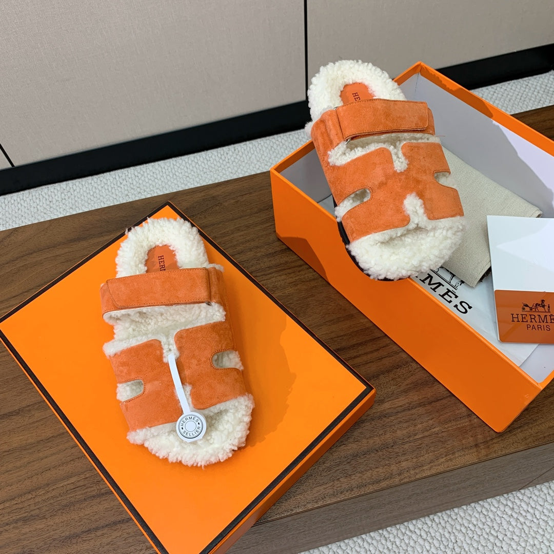 Hm Chypre Sandal In Orange Mix White Fleece And Suede 984196