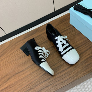 Prada 25S Mary Jane Shoes 55MM Black Satin White Patent Leather
