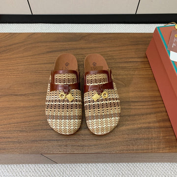 Lp Birkenstock Slippers Brown Beige Brown Raffia Calfskin 386728