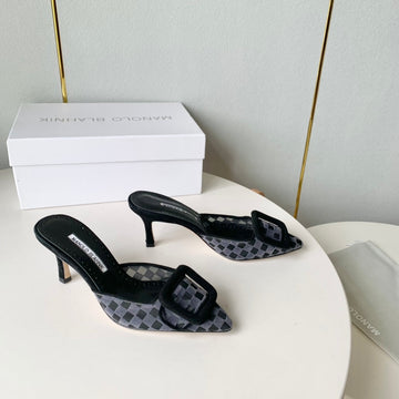 Manolo Mules Latest Checkerboard Grey Fabric Leather 528009