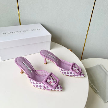 Manolo Mules 7CM Purple Fabric Leather 528012