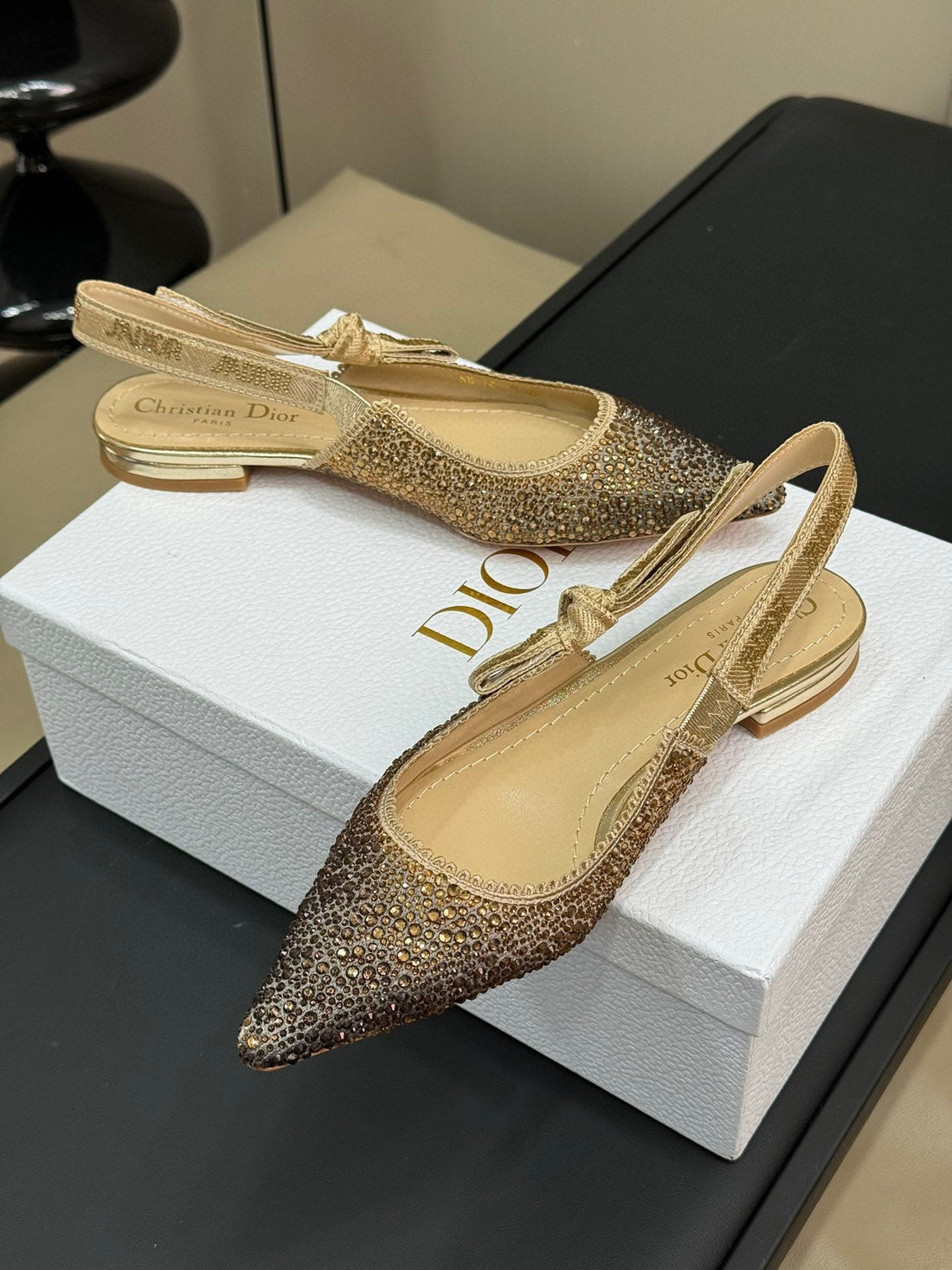 J'adior Slingback Black Gold-Tone Cotton Microbeads