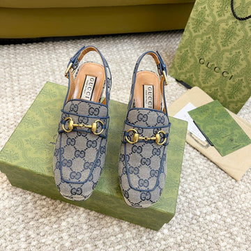 GG High -- Heel Slingback With Horsebit Light Gray Calfskin