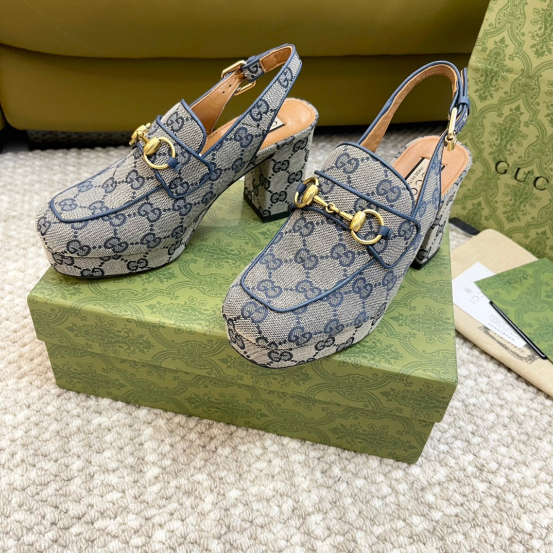 GG High -- Heel Slingback With Horsebit Light Gray Calfskin