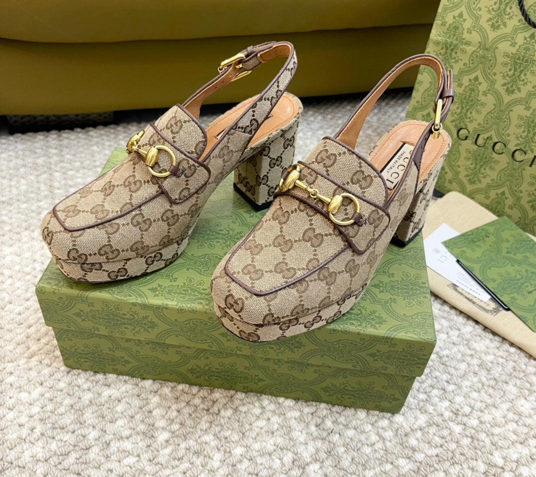 GG High -- Heel Slingback With Horsebit Light Brown Calfskin