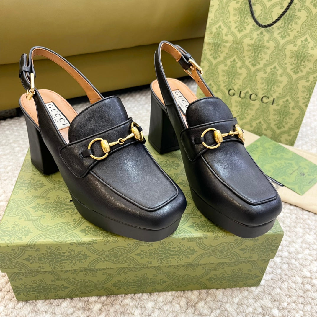 GG High -- Heel Slingback With Horsebit Black Calfskin