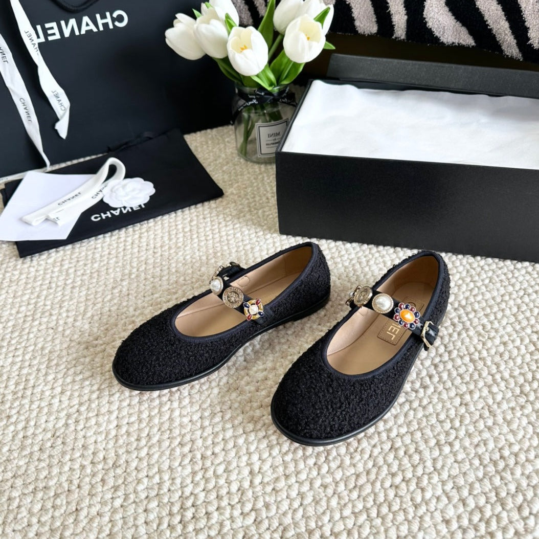 CC Mary Janes Black Wool Tweed And Fabric
