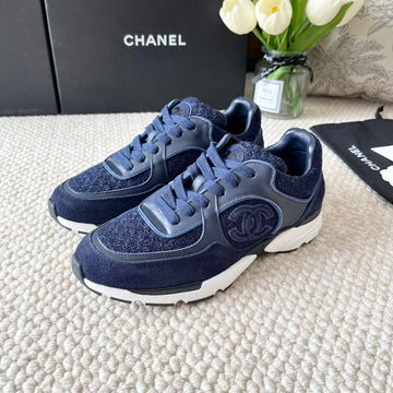 CC Sneaker In Navy Blue Wool Tweed And Suede