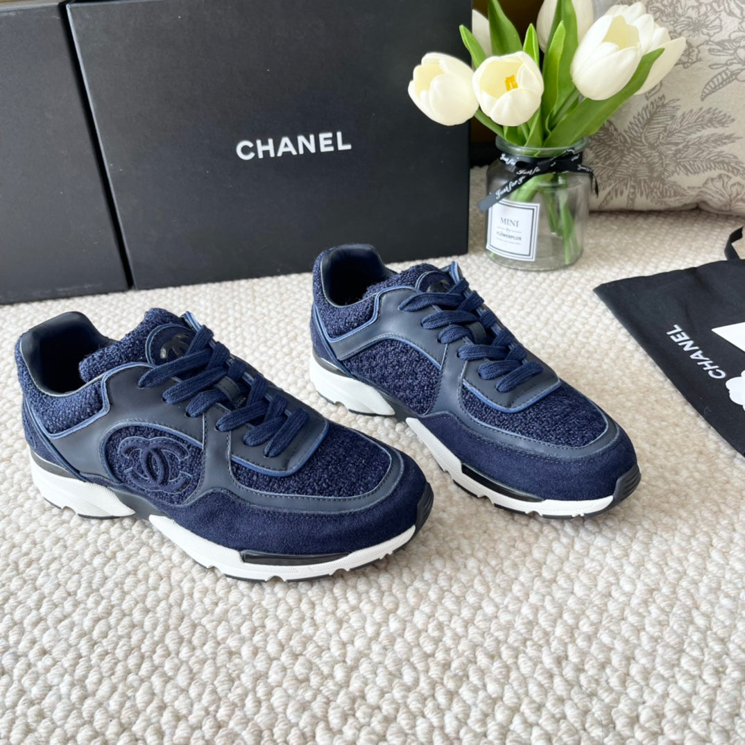 CC Sneaker In Navy Blue Wool Tweed And Suede