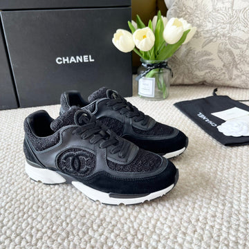 CC Sneaker In Black Wool Tweed And Suede