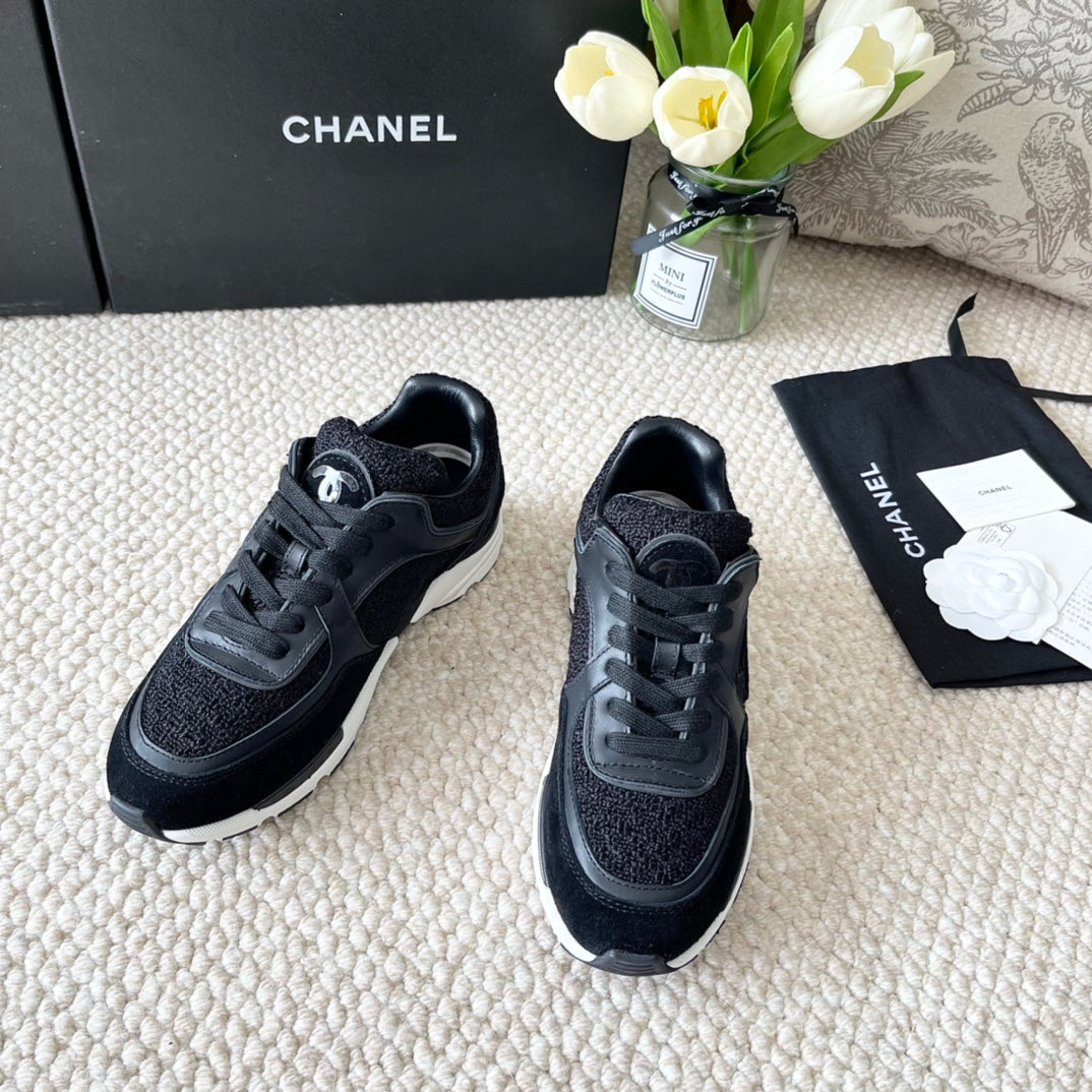 CC Sneaker In Black Wool Tweed And Suede