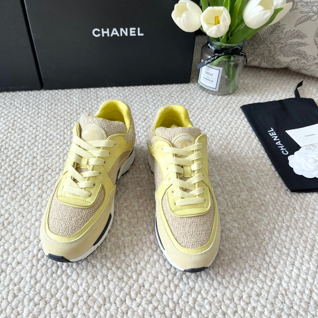 CC Sneaker In Light Yellow Wool Tweed And Suede
