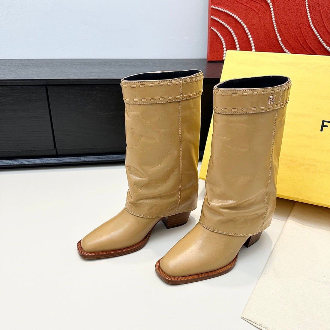 Fendi Ankle Boots Beige Calfskin 472684