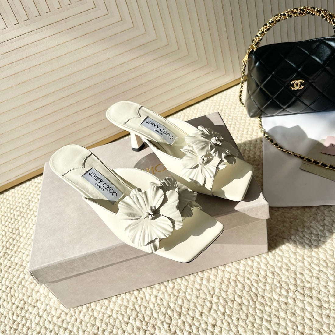 Jimmy Choo Skye Corsage Sandals White Sheepskin 669840