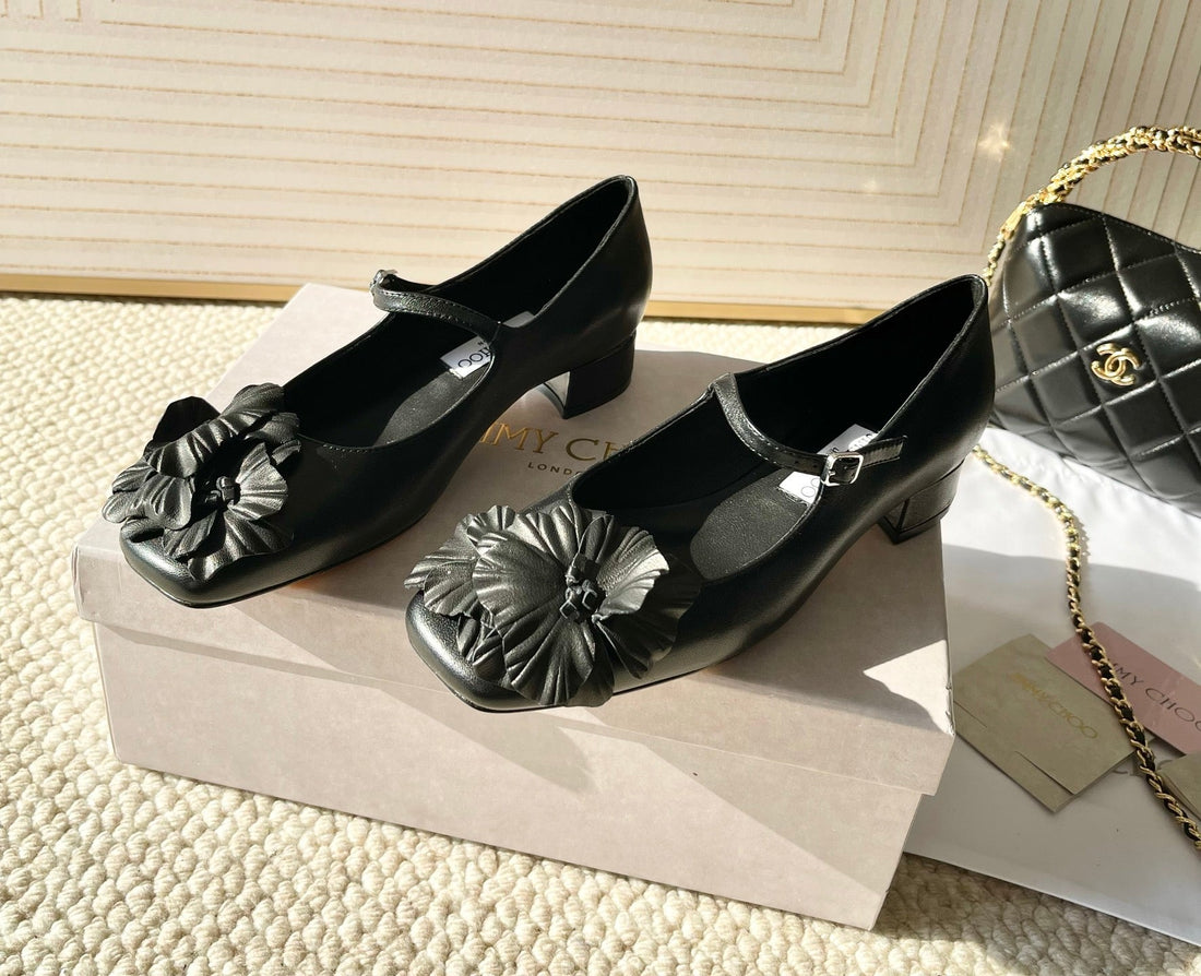 Jimmy Choo Skye Corsage Ballet Flat Black Sheepskin 669845