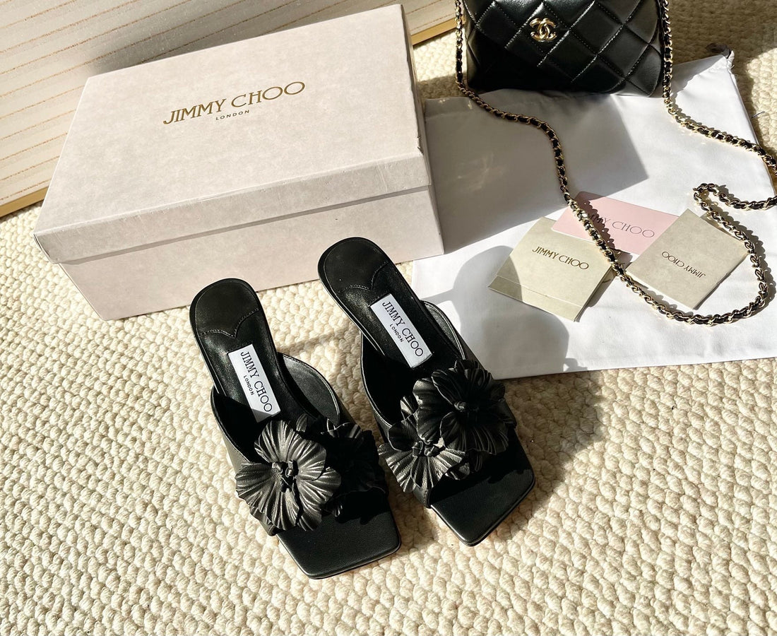 Jimmy Choo Skye Corsage Sandals Black Sheepskin 669846