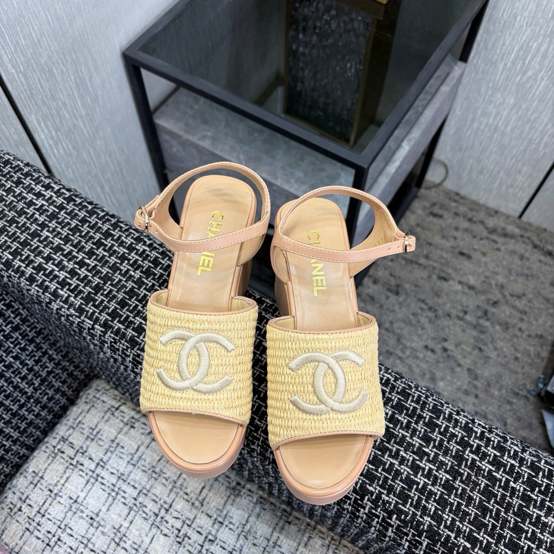 CC 26S Platform Sandal Beige Raffia Sheepskin 688695