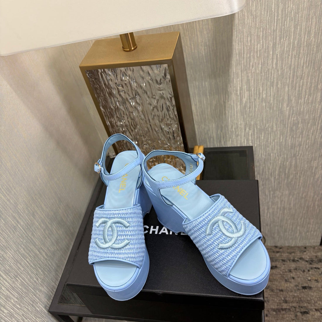 CC 26S Platform Sandal Light Blue Raffia Sheepskin 688694