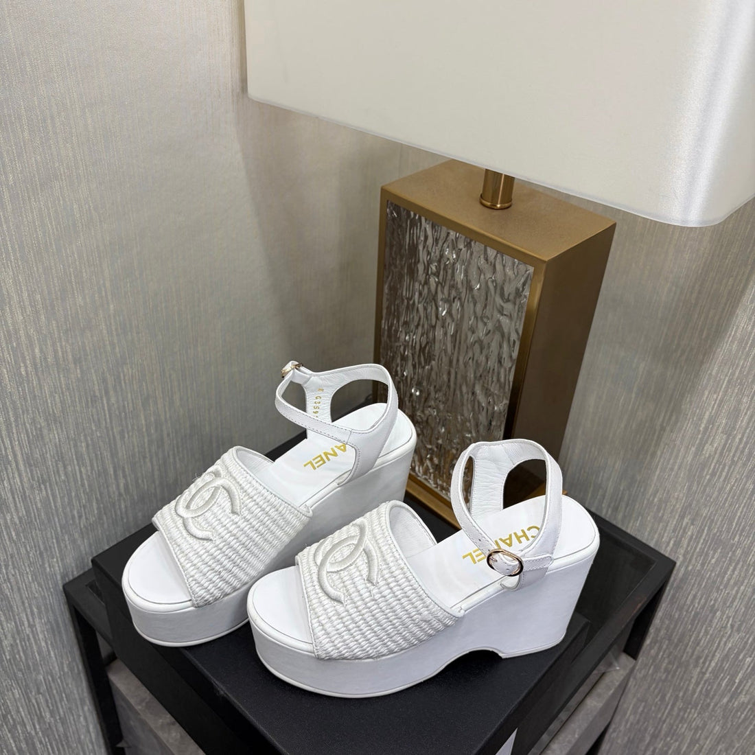 CC 26S Platform Sandal White Raffia Sheepskin 688693