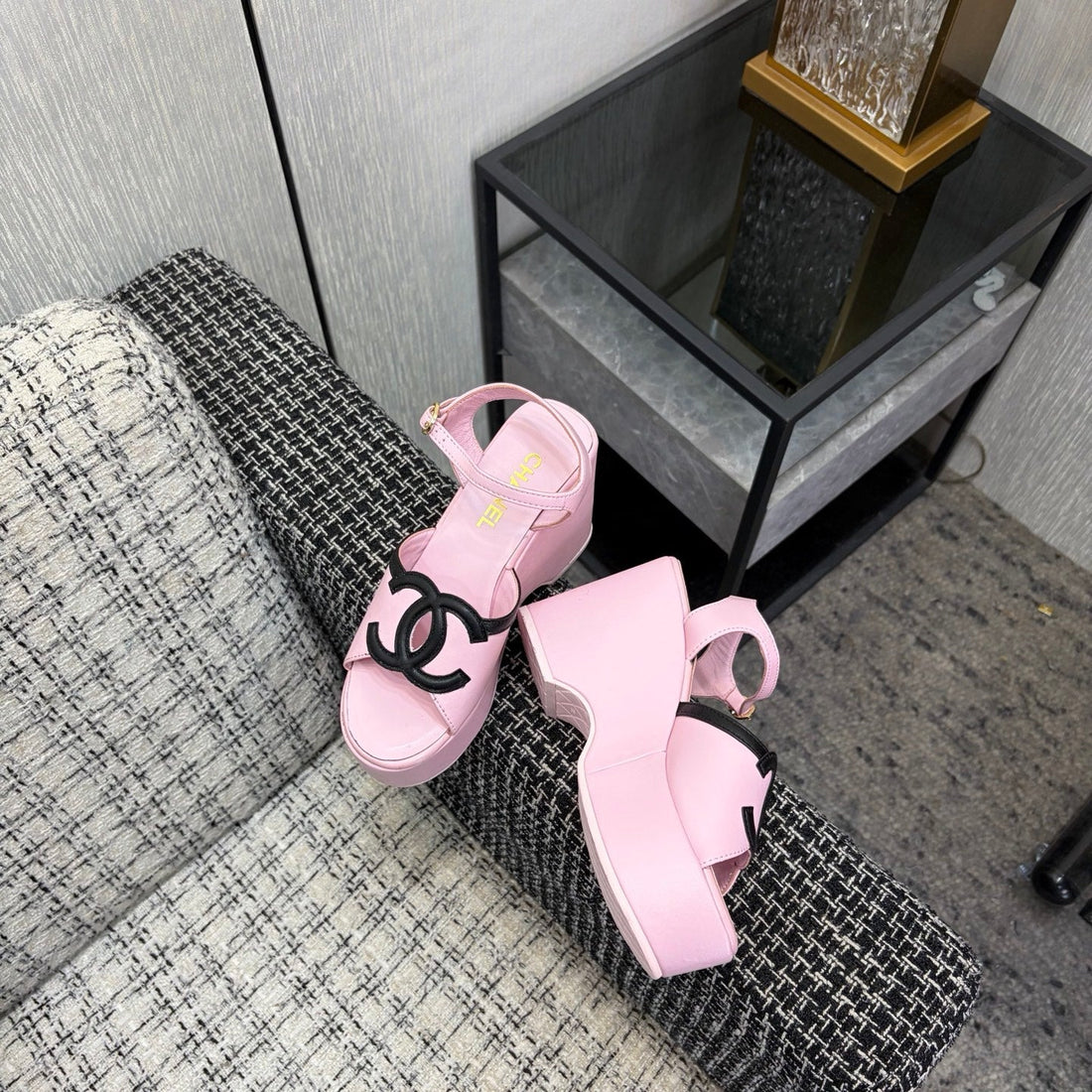 CC 26S Platform Sandals Light Pink Black Sheepskin 688703