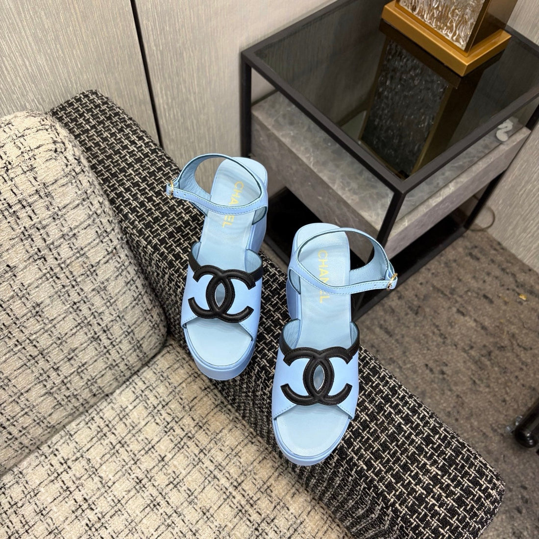 CC 26S Platform Sandals Light Blue Black Sheepskin 688704
