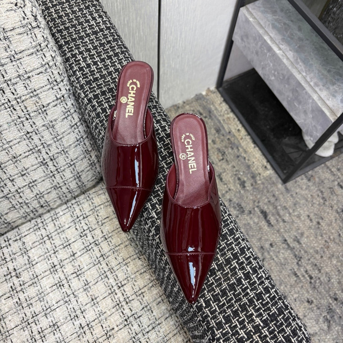 CC 2026 Pointed Toe Mule 4CM Burgundy Patent Leather 688709