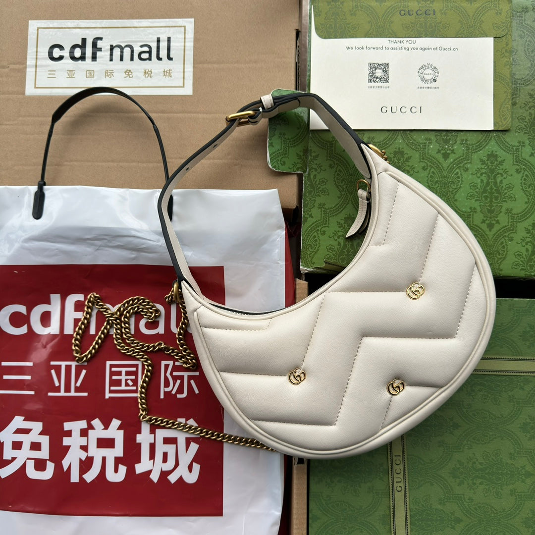 GG Marmont Half-Moon Shaped 21CM White Calfskin Gold Hardware