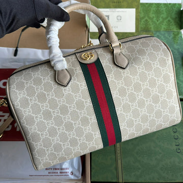 Ophidia Medium Top Handle Bag 31 In Beige White Canvas And Oat Calfskin Trim Gold Hardware