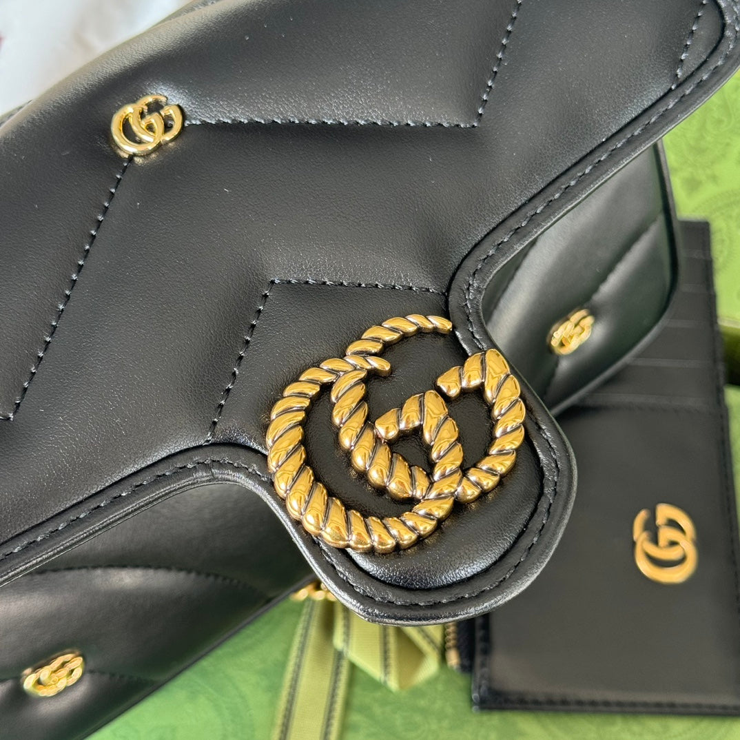 GG Marmont 21CM Black Calfskin Double G Stud Gold Hardware