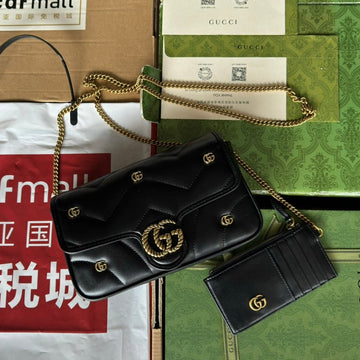 GG Marmont 21CM Black Calfskin Double G Stud Gold Hardware