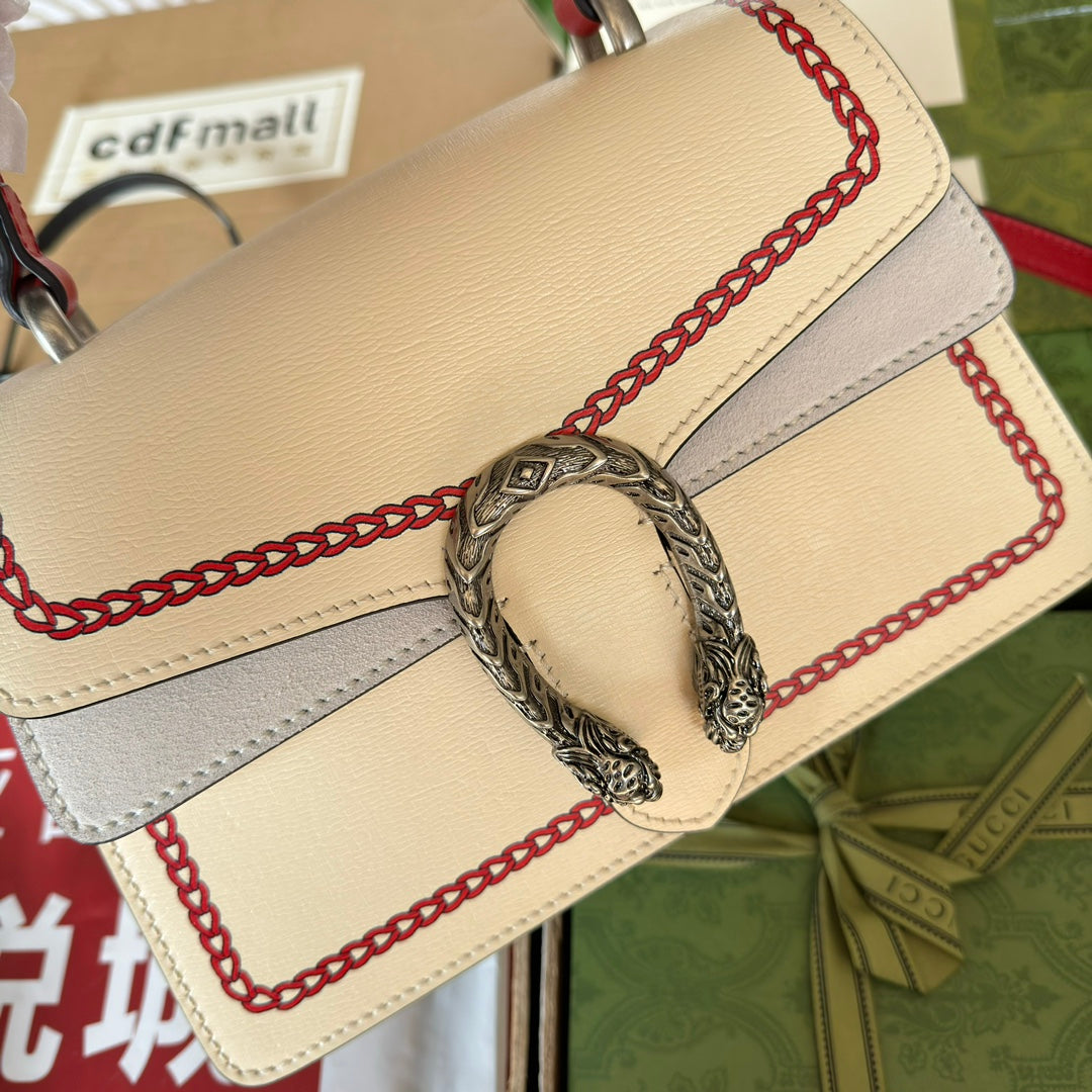Dyonysus Small Top Handle Bag 24 In Beige Mix Red Calfskin Dragon Print