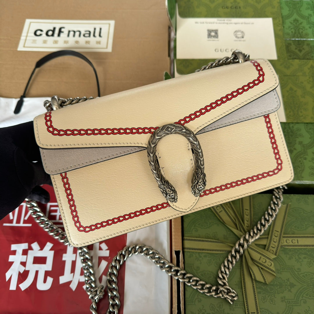 Dyonysus Small Shoulder Bag 25 In Beige Mix Red Calfskin Dragon Logo Print