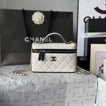 CC Top Handle Long Vanity Case 19.5cm Black White Lambskin