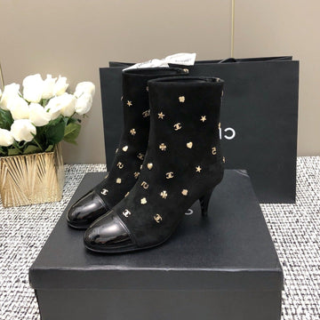 Short Boots Black Suede Lambskin Attach Metal