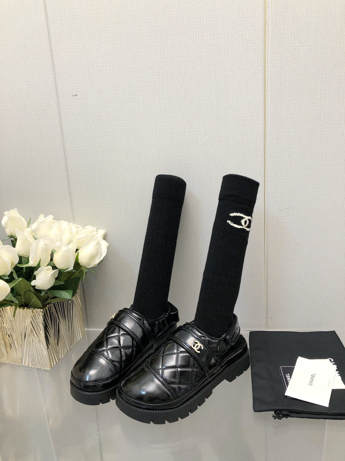 Chunky Platform Shearling Slipper Black Lambskin