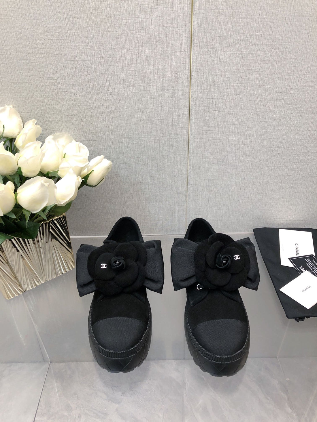 CC 26S Camellia Lug Sole Loafers Black Cotton Suede 673052