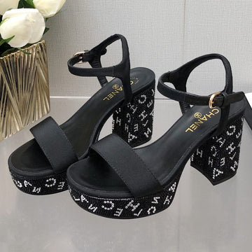 Block Heel With Crystal 9 Cm Sandal In Black Fabric