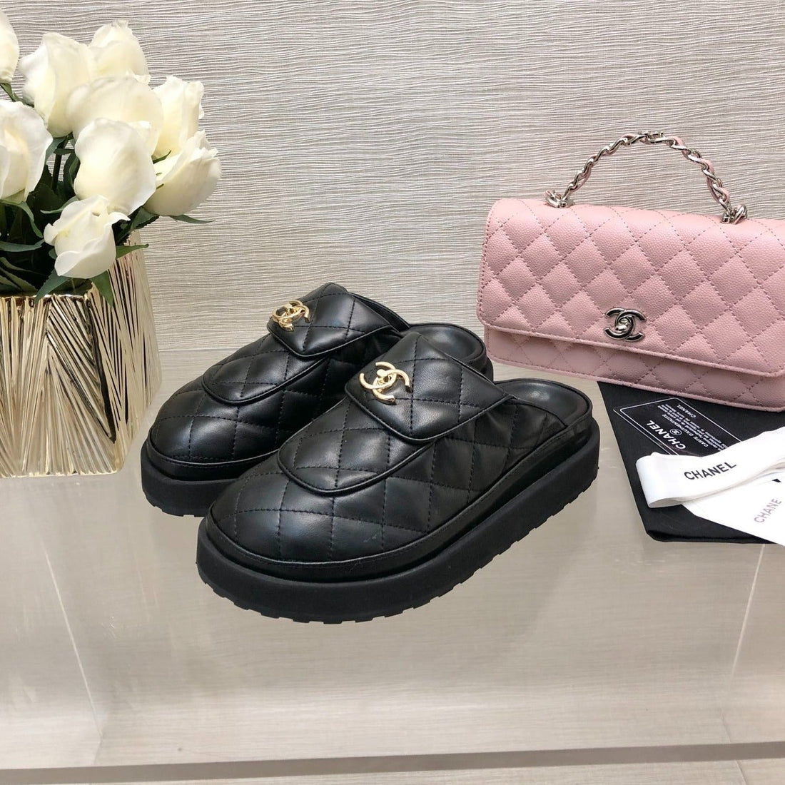 CC Turnlock Flap Mules Black Lambskin
