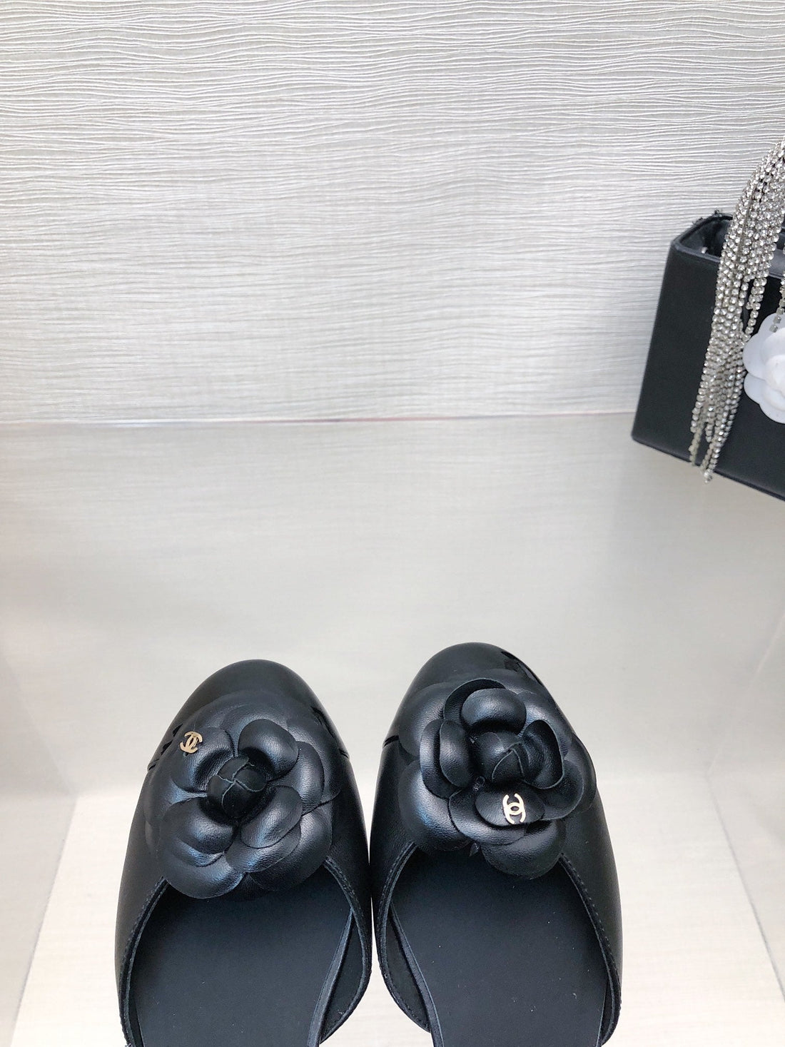Black Lambskin Camellia Hollow Sandal