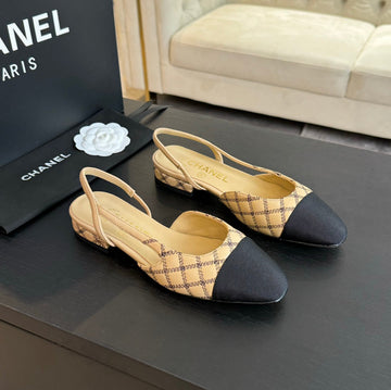 Slingbacks Flat Beige Calfskin Black Grosgrain Embroidery
