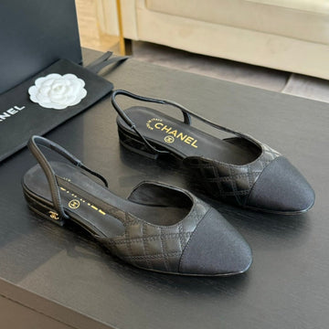 Slingbacks Flat Black Calfskin Embroidery Black Grosgrain